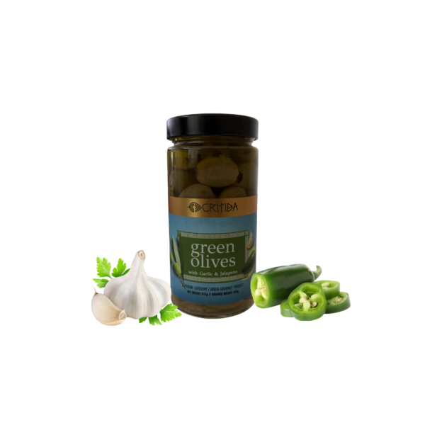 Zelené olivy s cesnakom a jalapeño