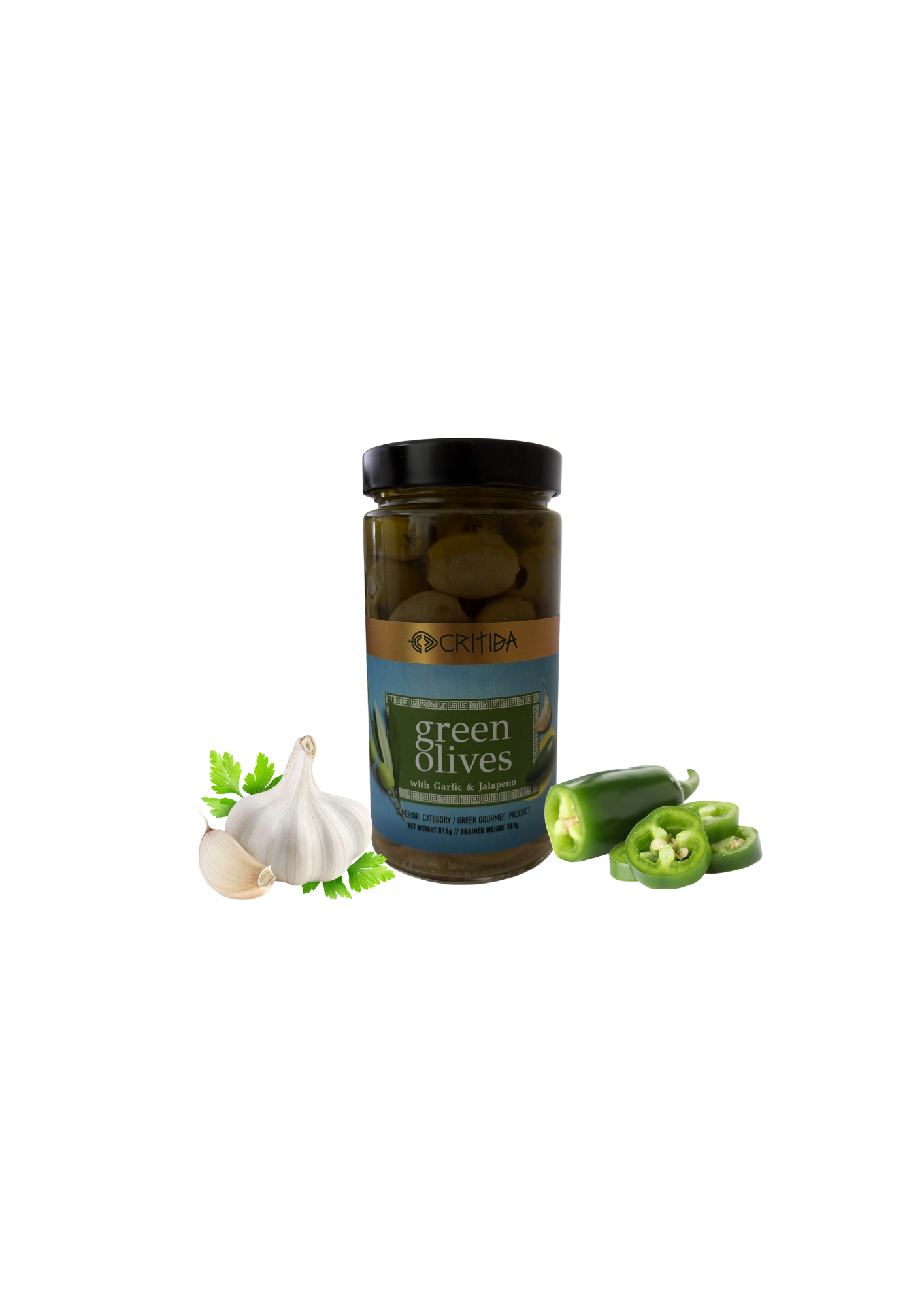 Zelené olivy s cesnakom a jalapeño